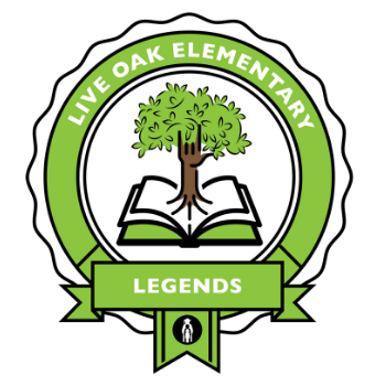 Lime green crest with Live Oak logo in center. The logo is a tree resting on an open book. The tree's trunk displays the American Sign Language I love you.