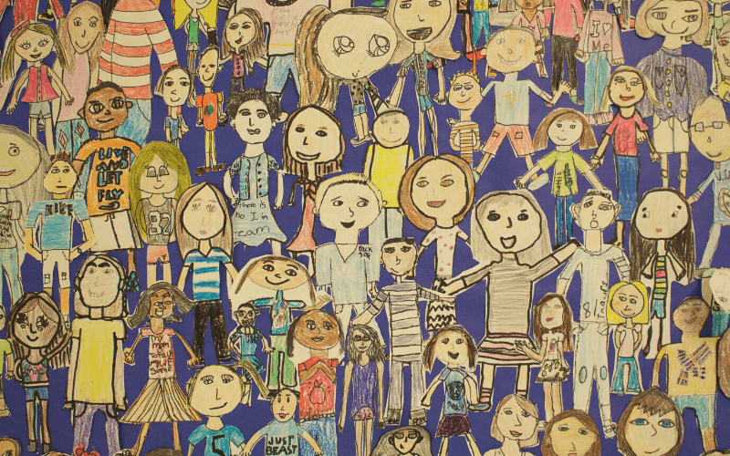 Children's drawing showing group of students