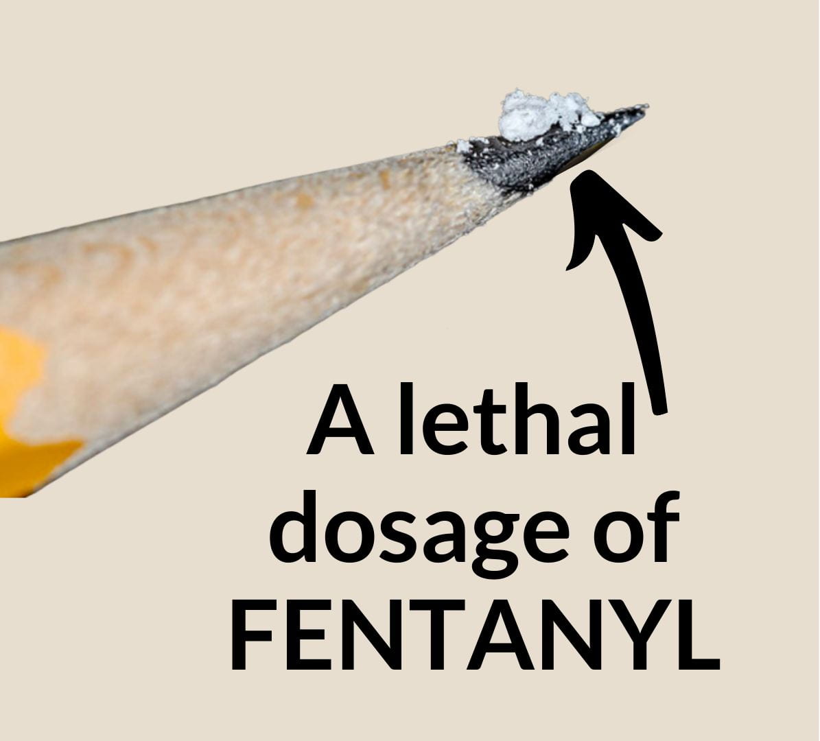 Picture of a small amount of Fentanyl on the end of pencil tip with text that says "A lethal dosage of FENTANYL"
