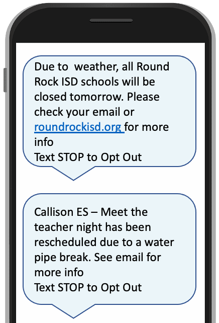 Mock up of cell phone showing sample text messages for Round Rock ISD employees